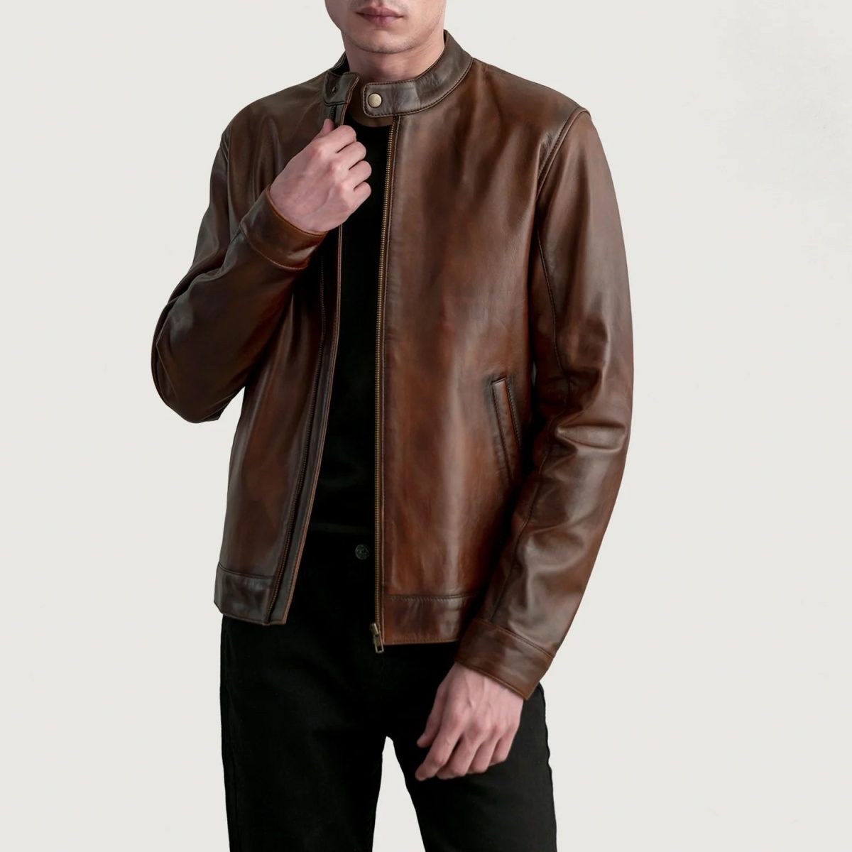 Men's Zen Distressed Brown Leather Biker Jacket