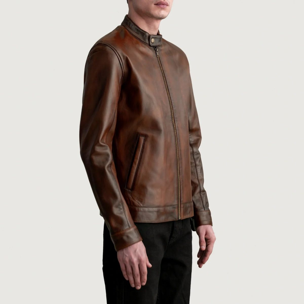 Men's Zen Distressed Brown Leather Biker Jacket