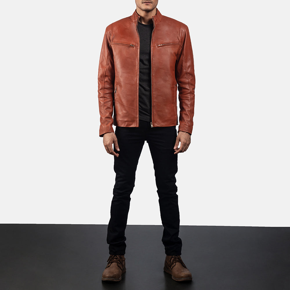 Men's Ionic Tan Brown Leather Biker Jacket