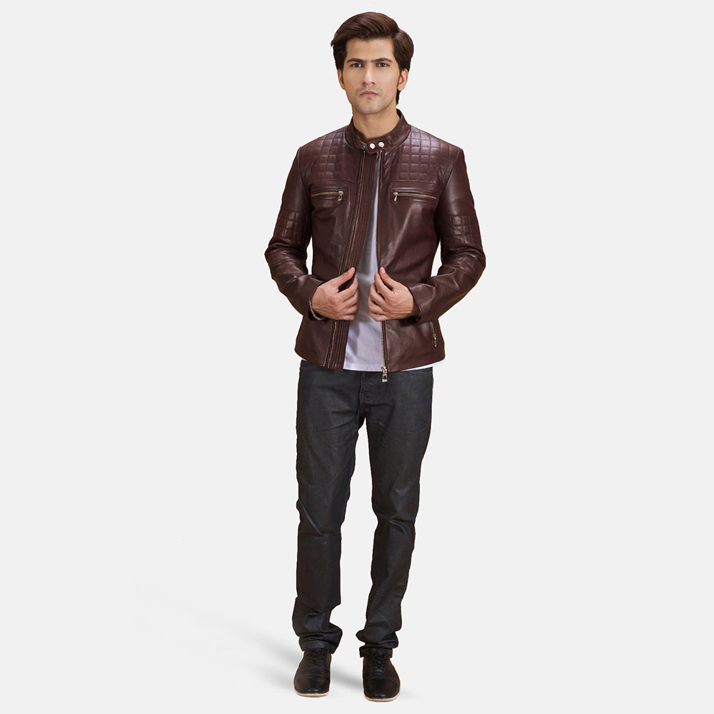 Men's Urbane Quilted Maroon Real Leather Biker Jacket
