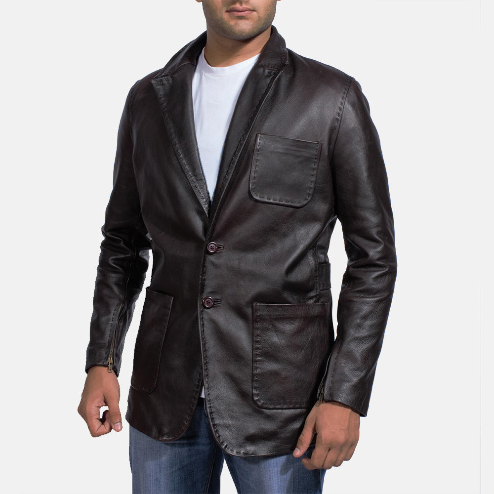 Men's Wine Black Italian Style Leather Blazer