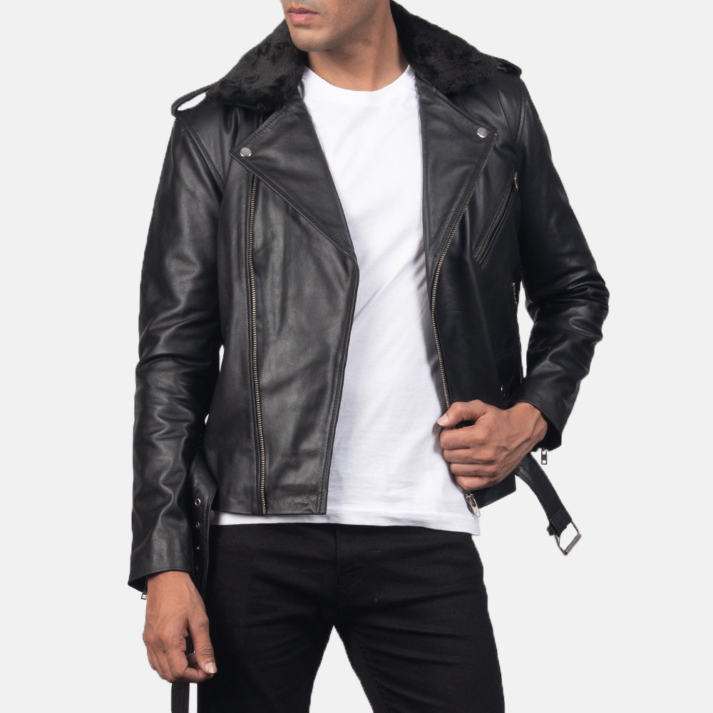 Men's Furton Fur Collar Black Leather Biker Jacket