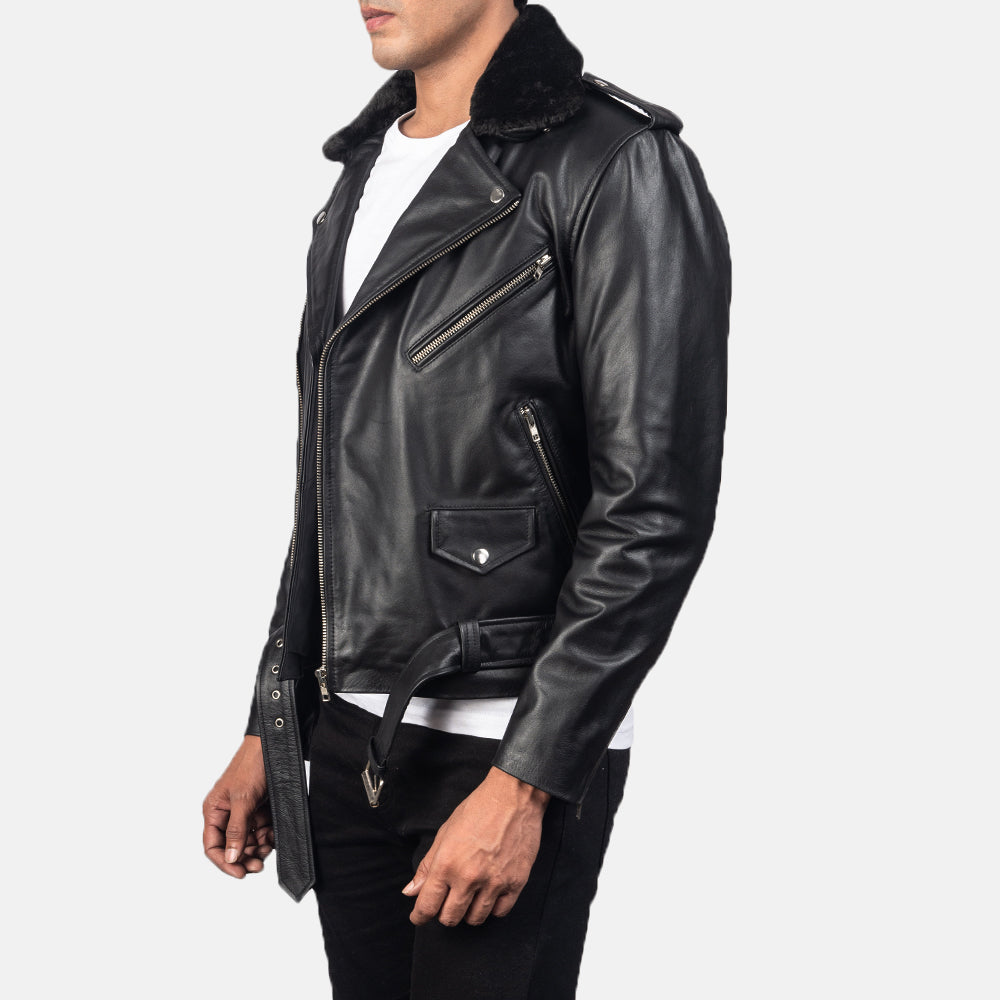 Men's Furton Fur Collar Black Leather Biker Jacket