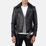 Men's Furton Fur Collar Black Leather Biker Jacket