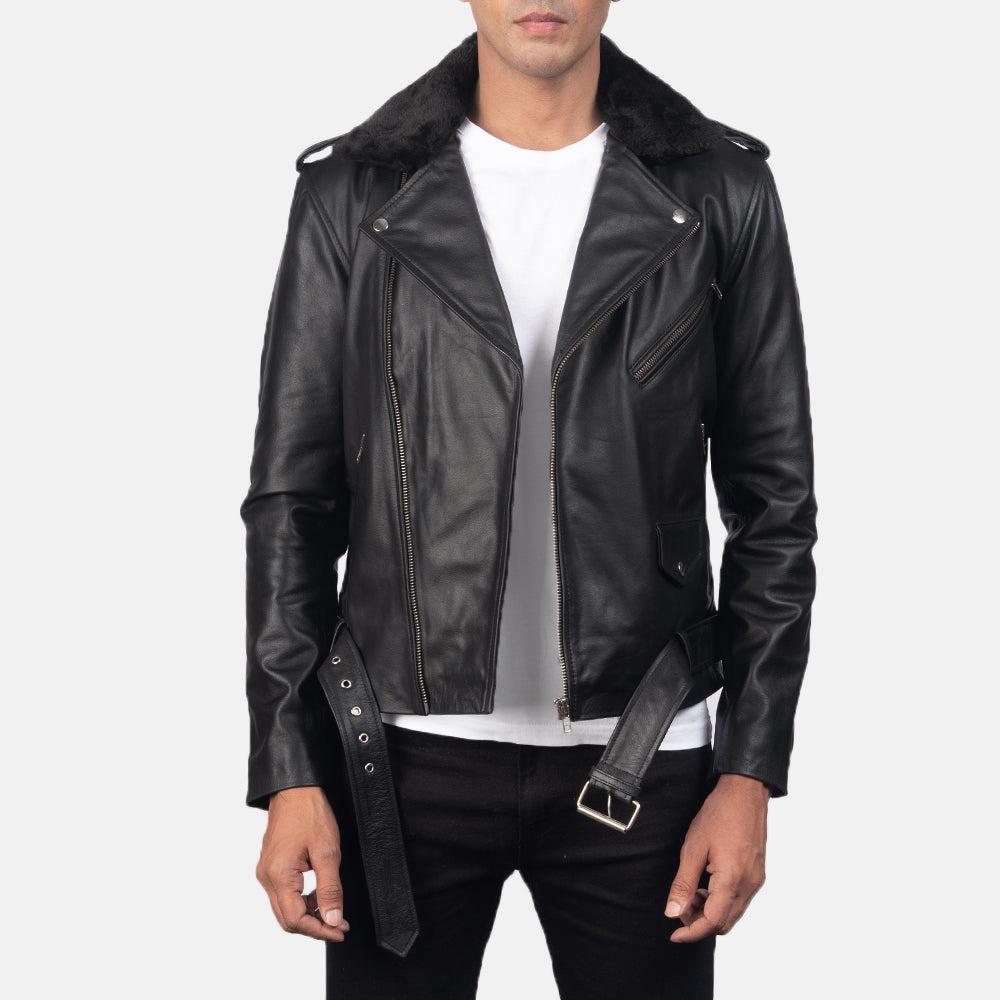 Men's Furton Fur Collar Black Leather Biker Jacket