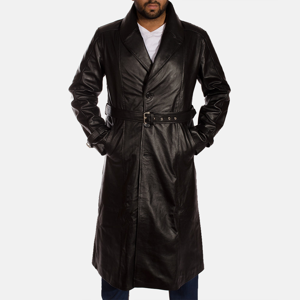 Men's Hooligan Black Leather Trench Coat