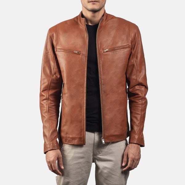 Men's Ionic Tan Brown Leather Biker Jacket