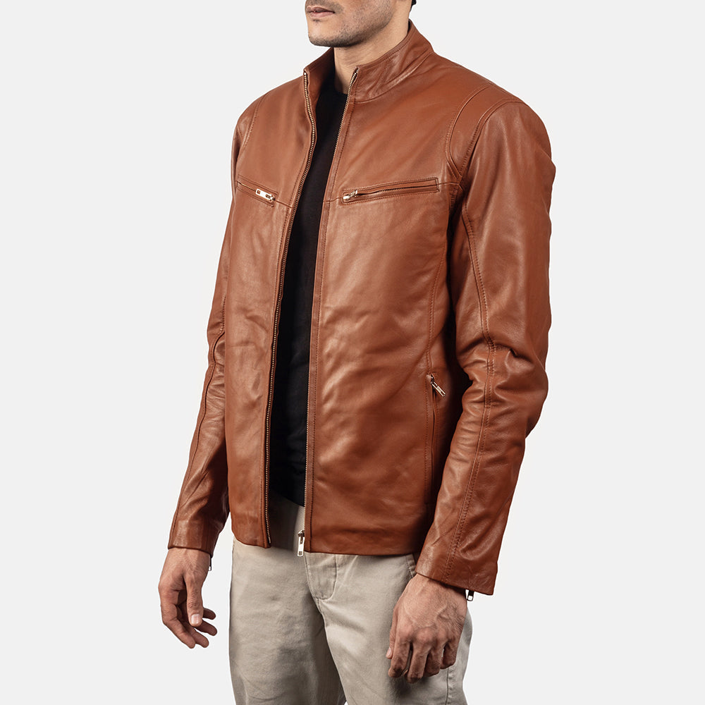 Men's Ionic Tan Brown Leather Biker Jacket