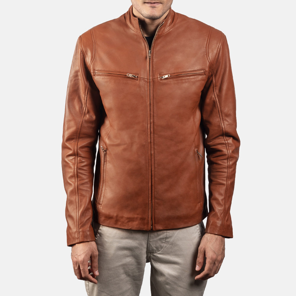 Men's Ionic Tan Brown Leather Biker Jacket