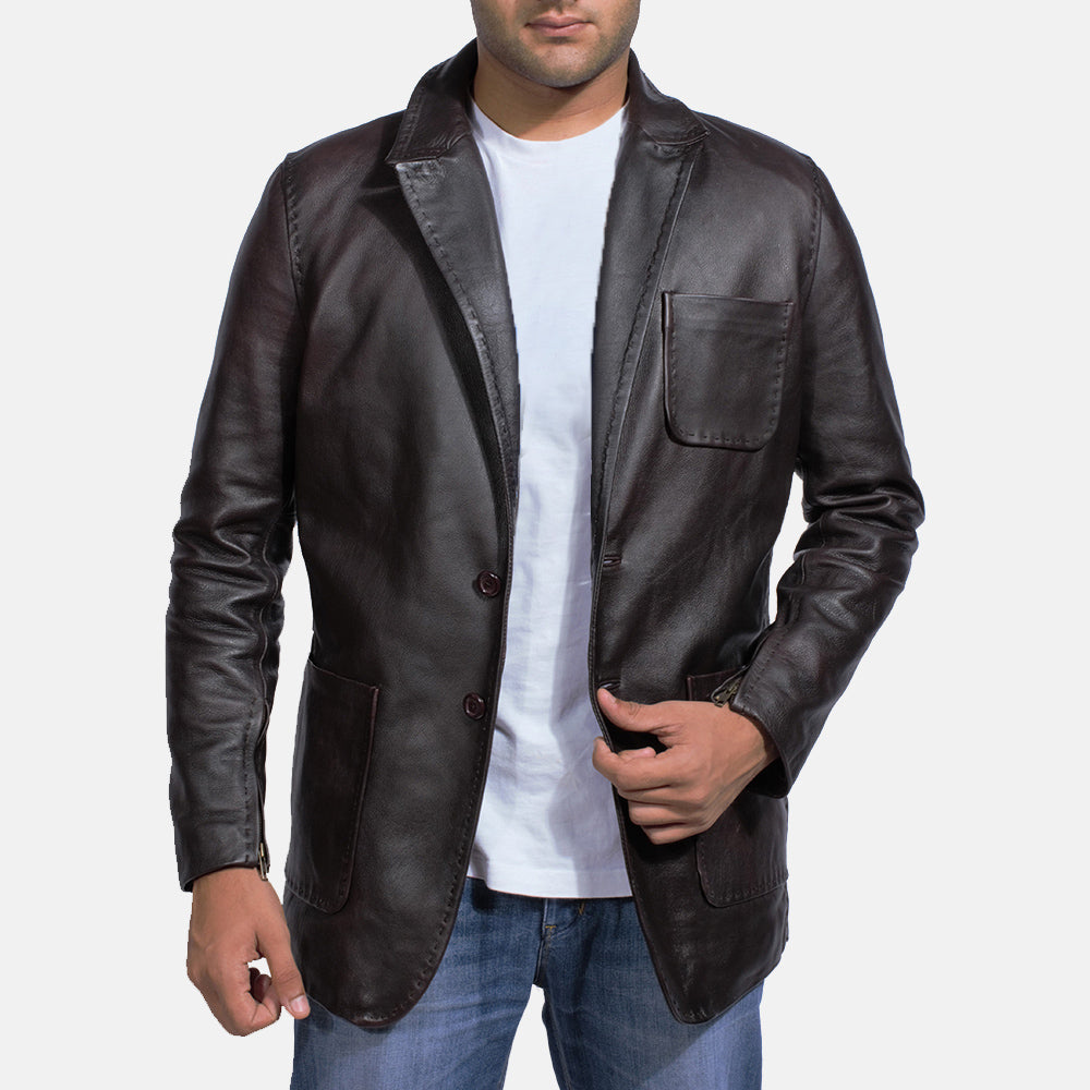Men's Wine Black Italian Style Leather Blazer
