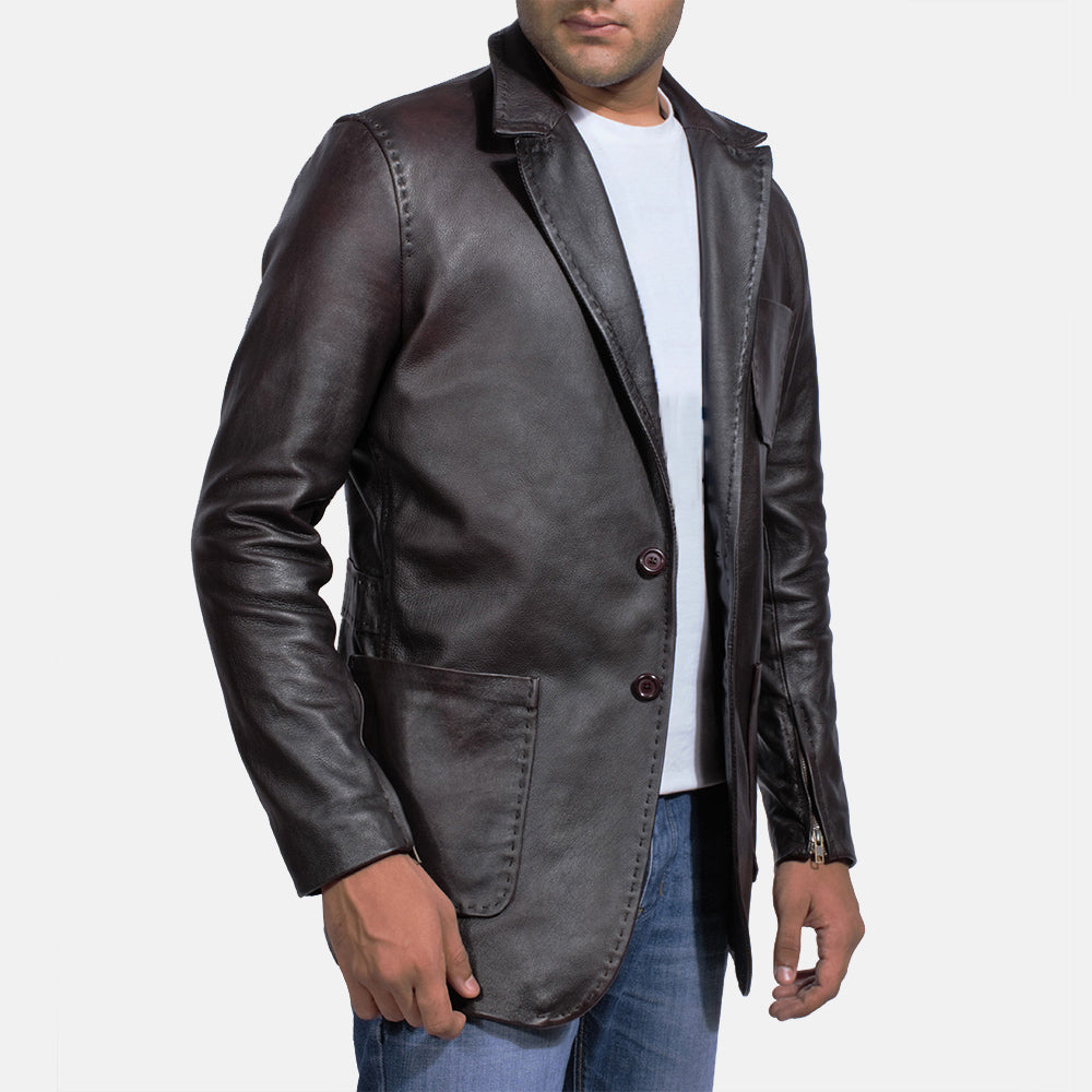 Men's Wine Black Italian Style Leather Blazer