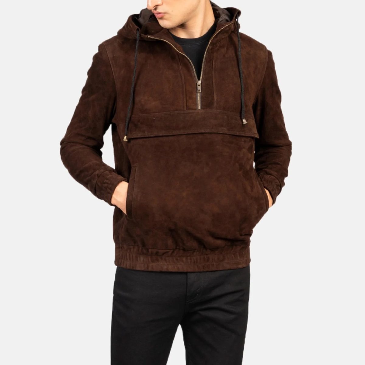 Men's Kenton Hooded Mocha Suede Leather Pullover Jacket