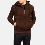 Men's Kenton Hooded Mocha Suede Leather Pullover Jacket