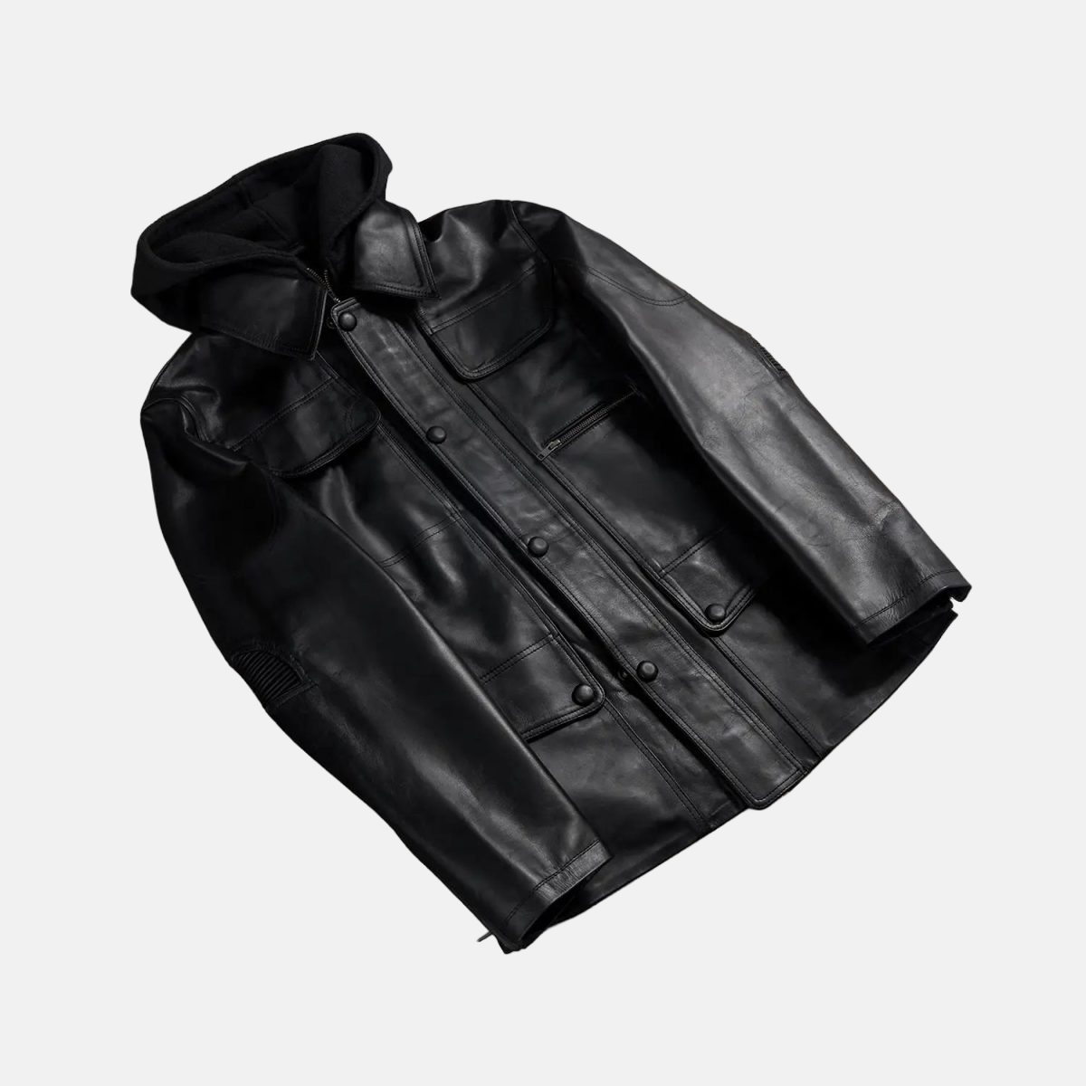 Men's Moulder Hooded Black Leather Jacket