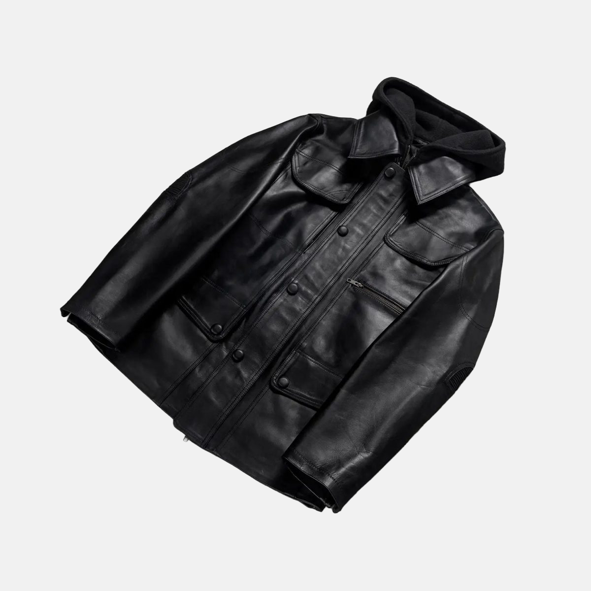 Men's Moulder Hooded Black Leather Jacket