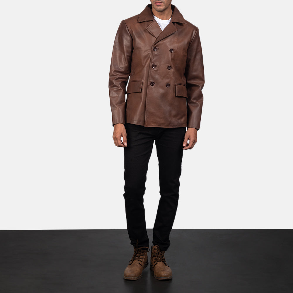 Men's Mr. Bailey Brown Leather Naval Double Breasted Jacket