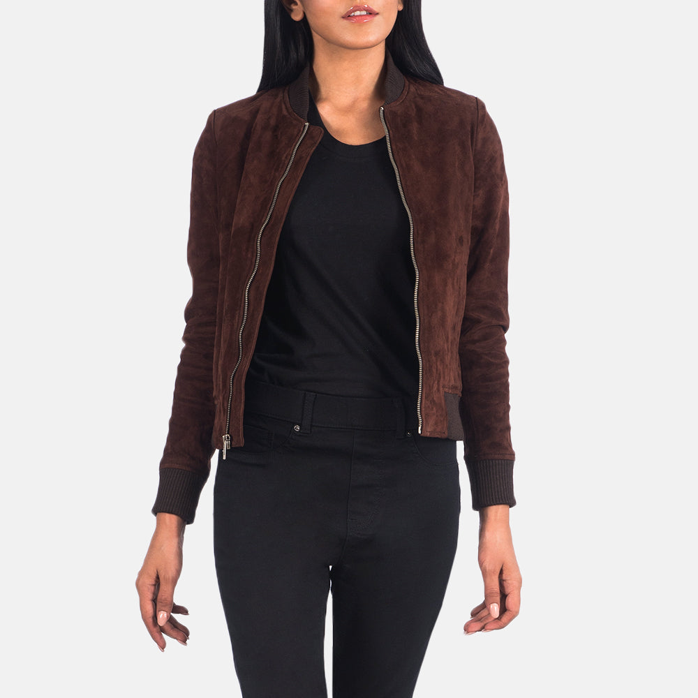 Women's Bliss Brown Suede Leather Bomber Jacket