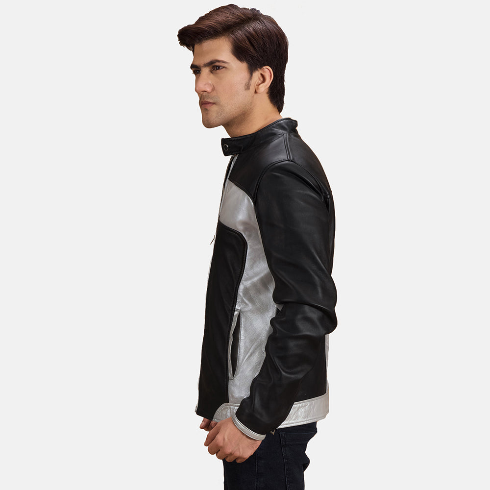 Men's Randolf Silver Black Leather Biker Jacket