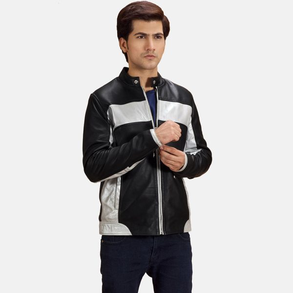 Men's Randolf Silver Black Leather Biker Jacket