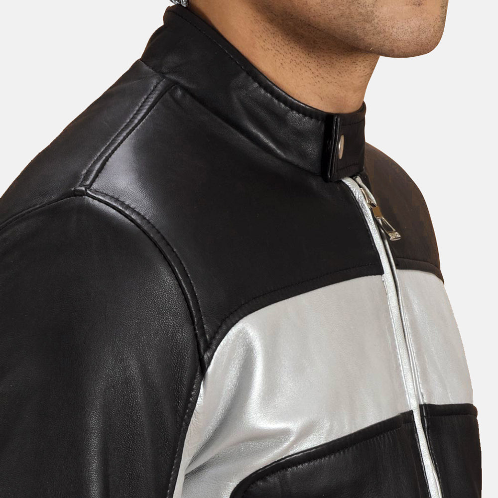 Men's Randolf Silver Black Leather Biker Jacket