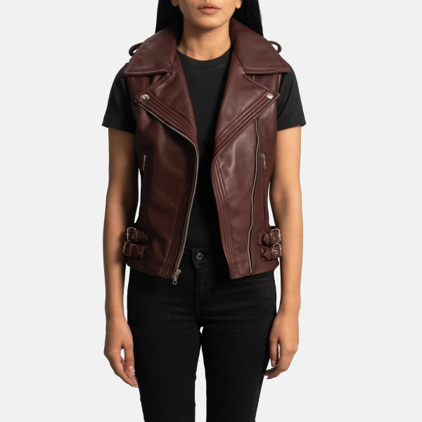 Women's Ladies Rhonda Maroon Leather Biker Vest