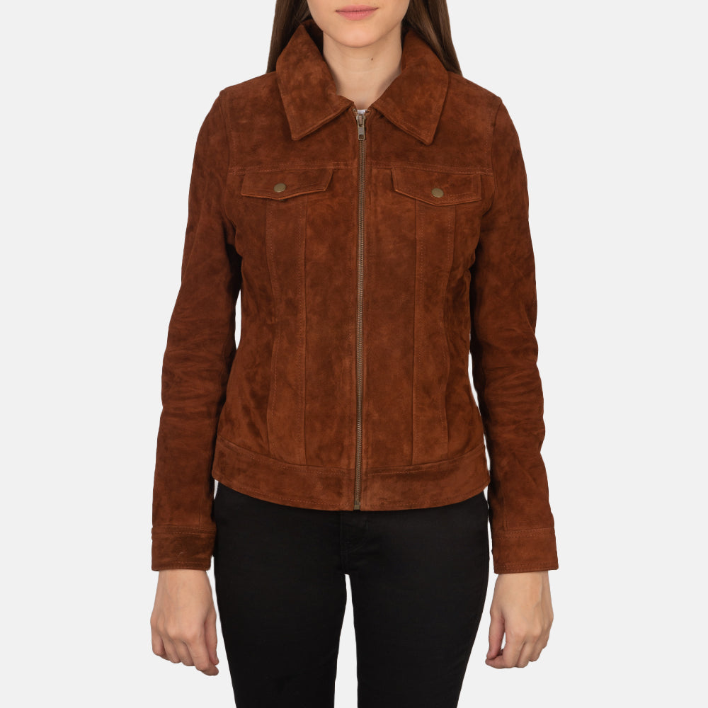 Women's Suzy Brown Suede Leather Trucker Jacket