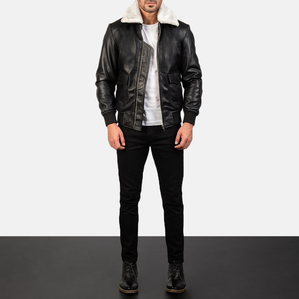 Men's Airin G-1 Black White Leather Bomber Jacket