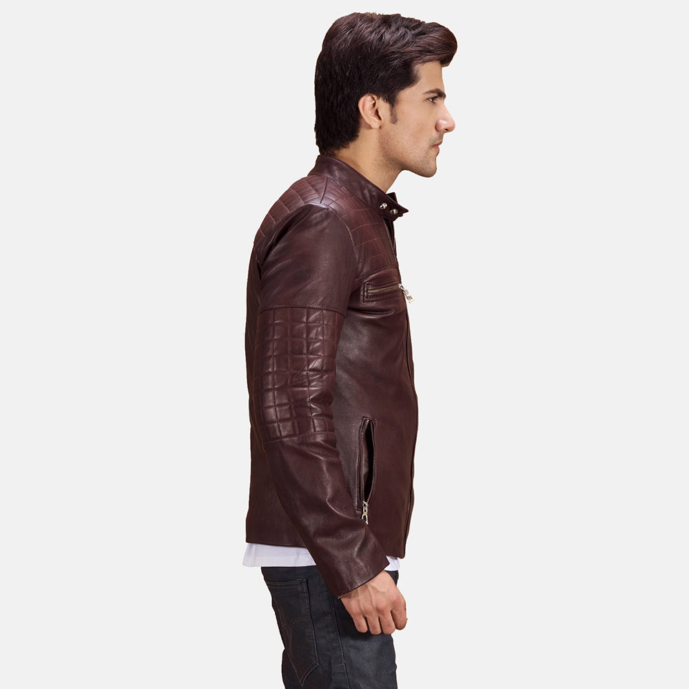 Men's Urbane Quilted Maroon Real Leather Biker Jacket