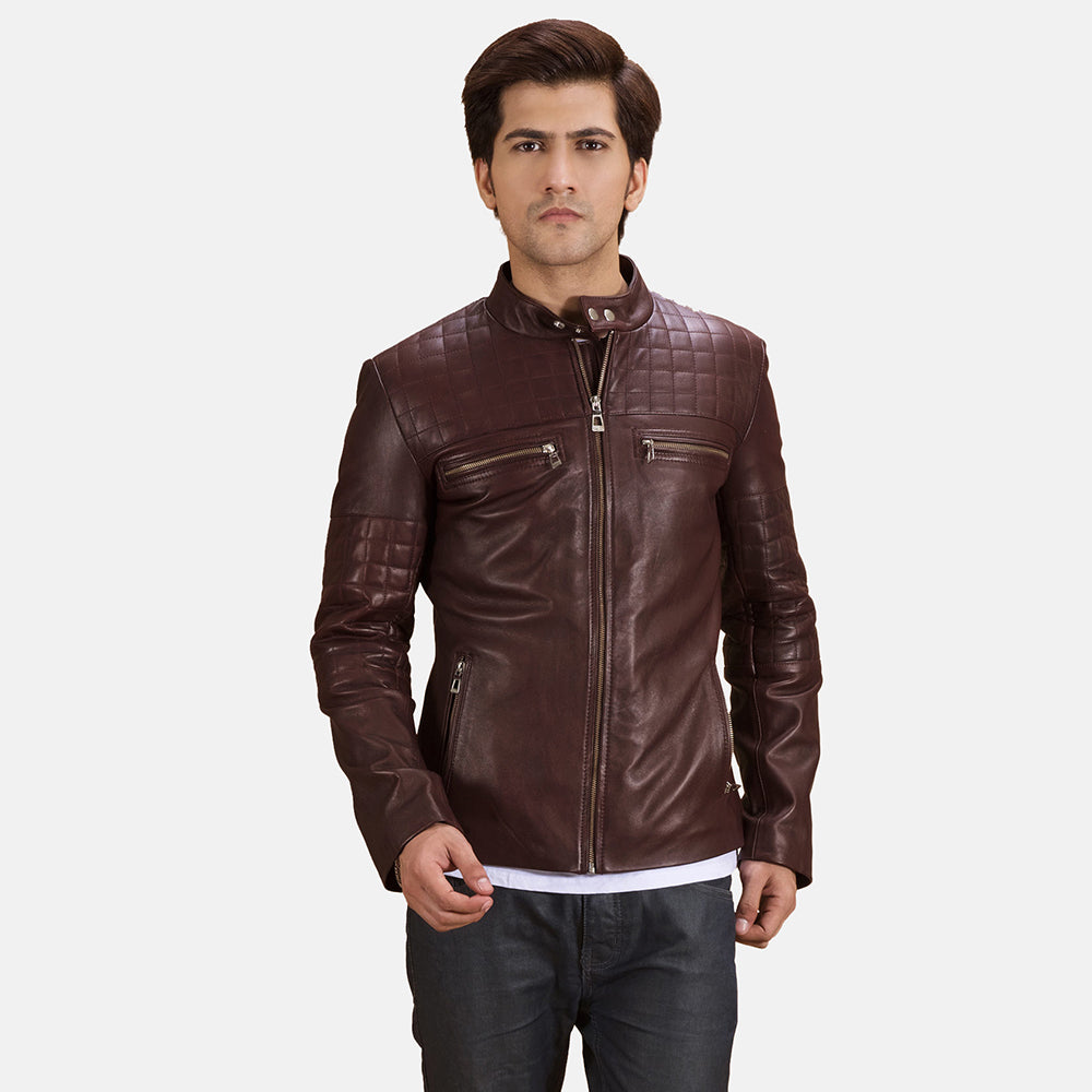 Men's Urbane Quilted Maroon Real Leather Biker Jacket