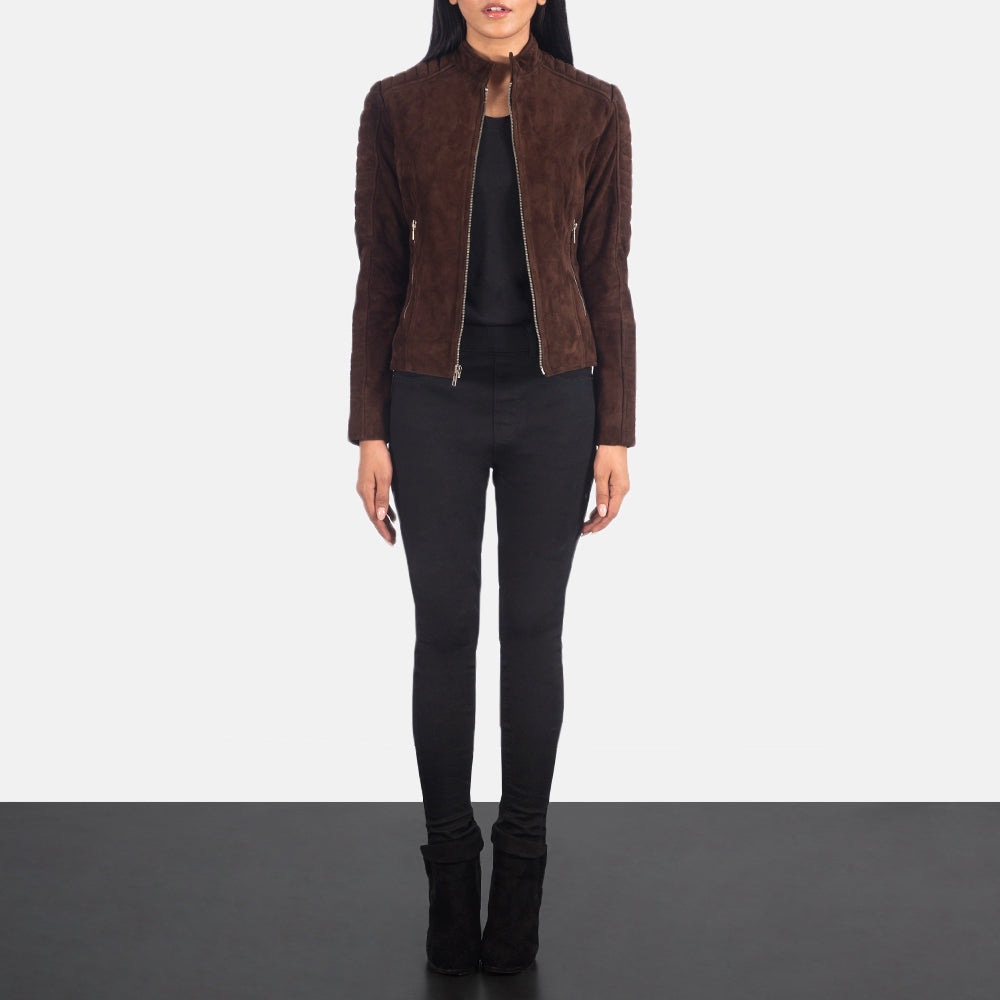 Women's Adalyn Quilted Mocha Suede Leather Biker Jacket