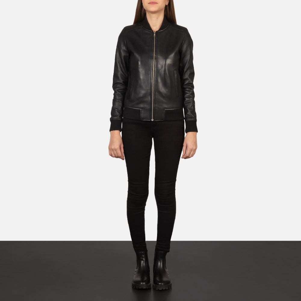 Women's Bliss Black Leather Bomber Jacket