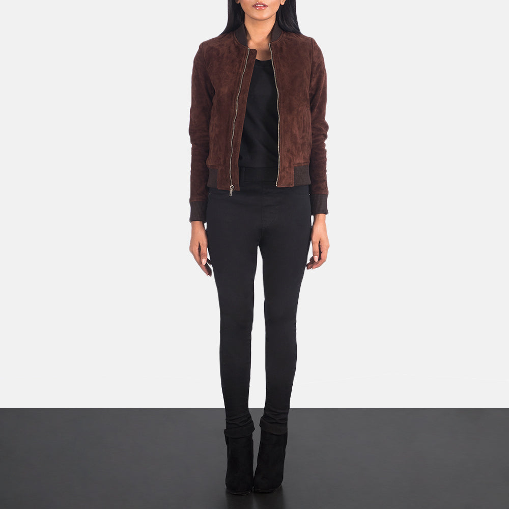 Women's Bliss Brown Suede Leather Bomber Jacket