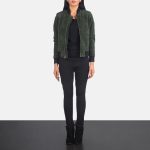 Women's Bliss Green Suede Leather Bomber Jacket