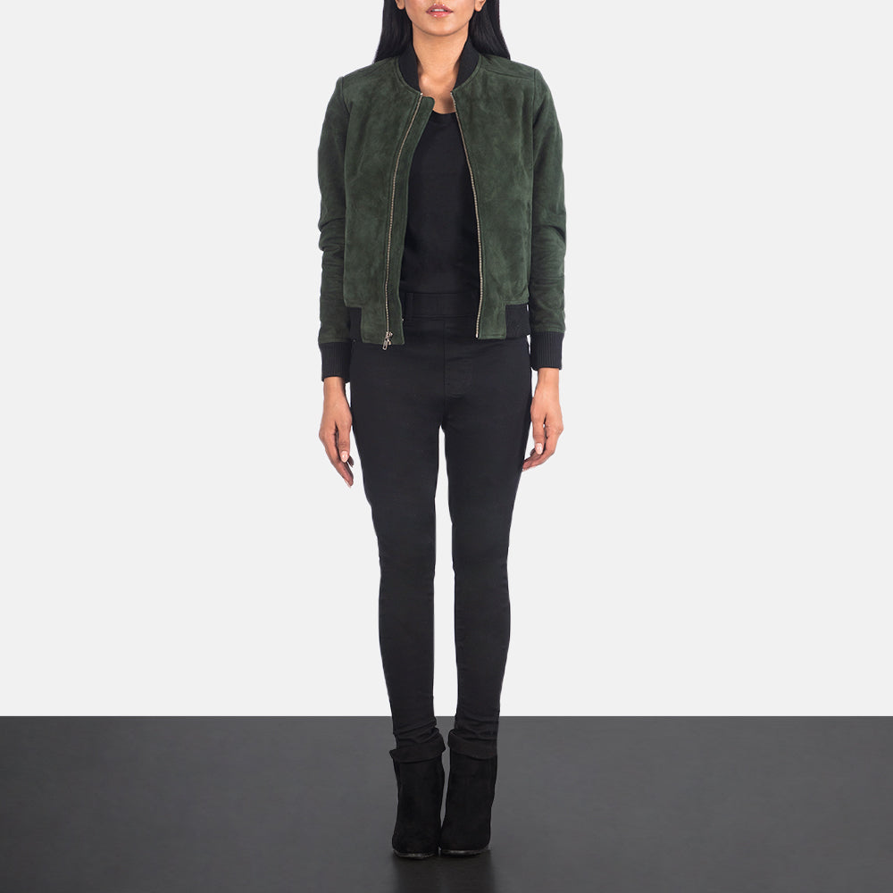 Women's Bliss Green Suede Leather Bomber Jacket