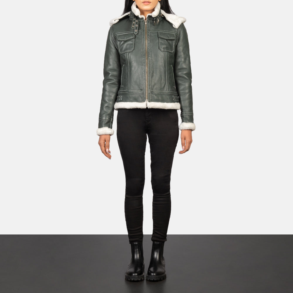 Women's Fiona Green Hooded Shearling Leather Jacket