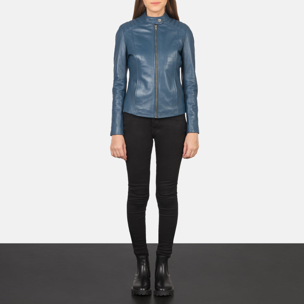 Women's Kelsee Blue Leather Biker Jacket