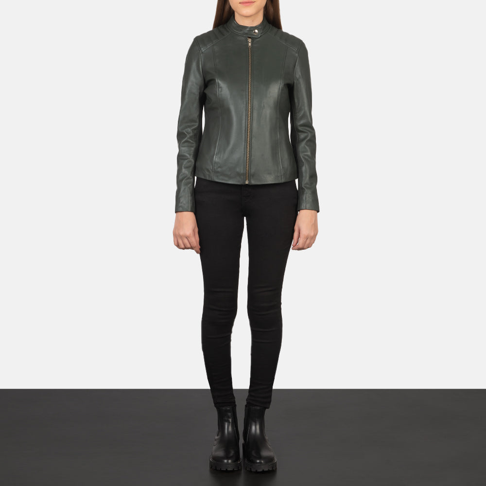Women's Kelsee Green Leather Biker Jacket