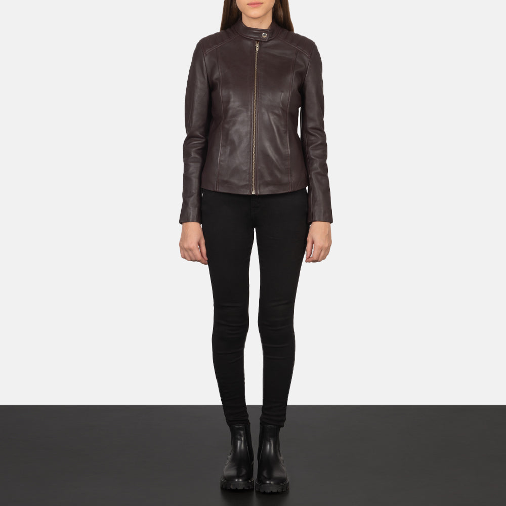 Women's Kelsee Maroon Leather Biker Jacket