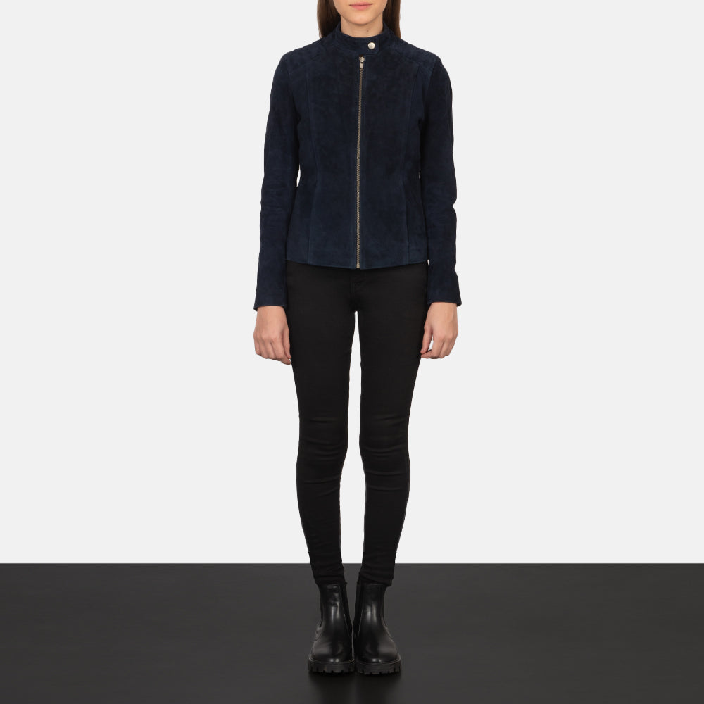 Women's Kelsee Navy Blue Suede Leather Biker Jacket