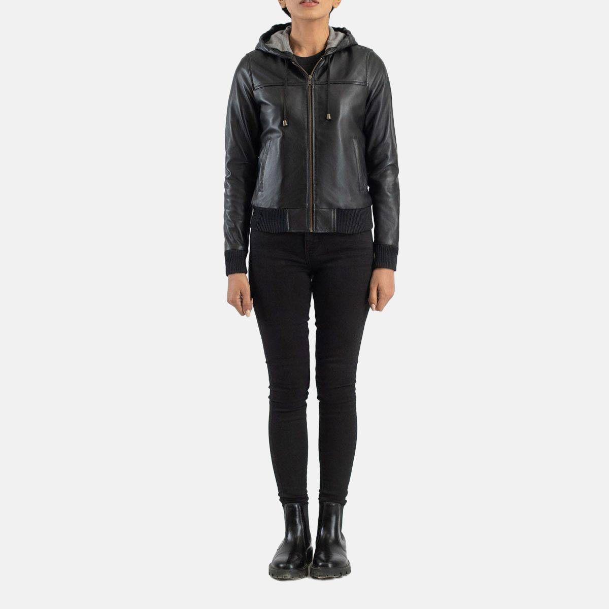 Women's Rebella Black Hooded Leather Bomber Jacket