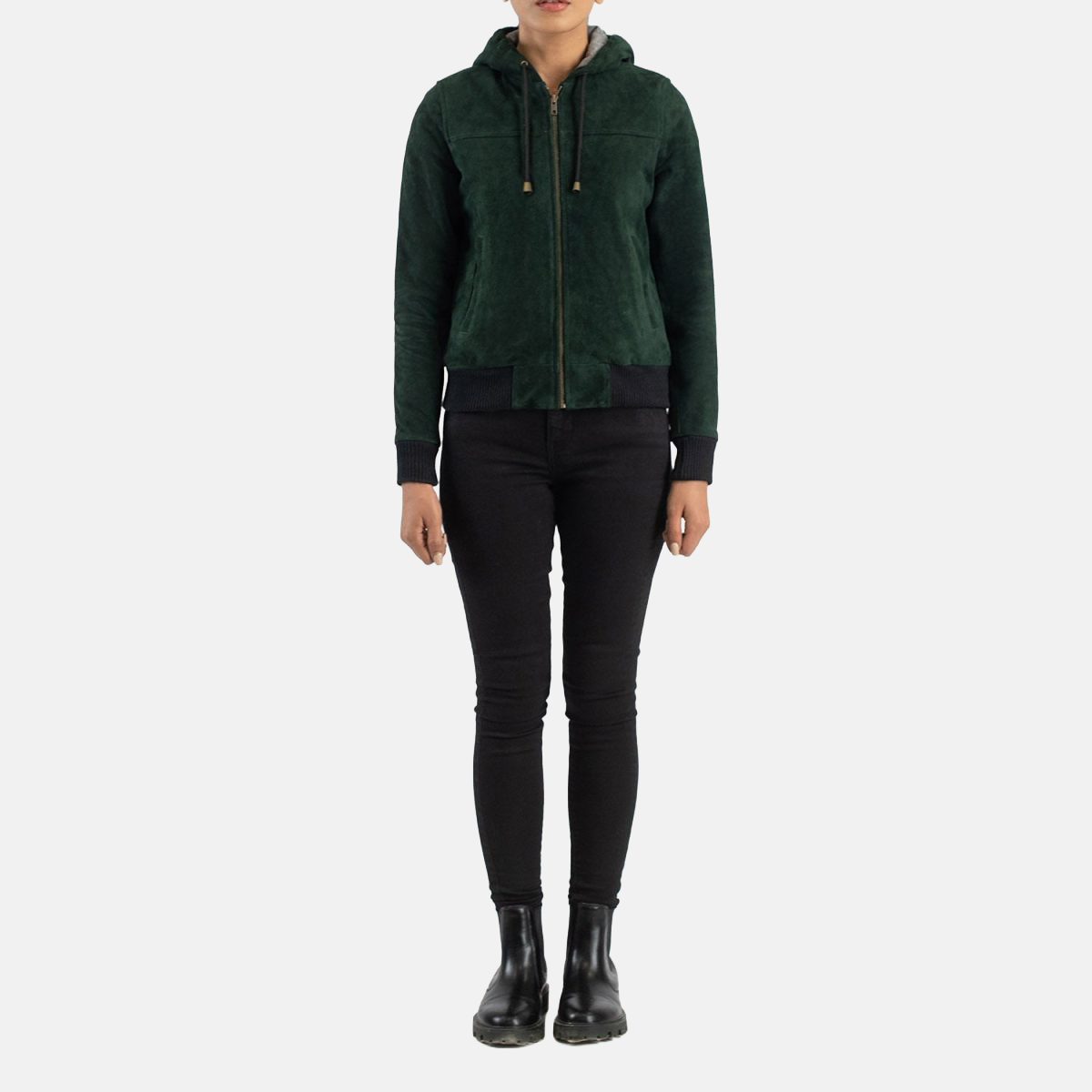 Women's Rebella Green Hooded Suede Leather Bomber Jacket