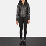 Women's Roslyn Black Hooded Leather Bomber Jacket