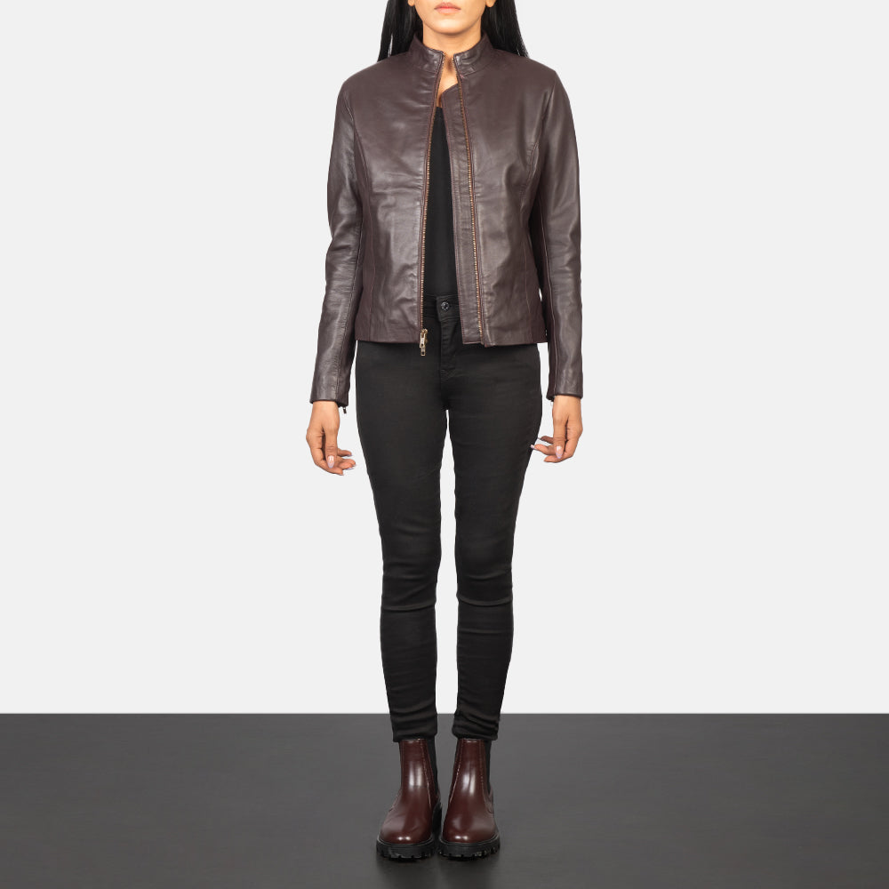Women's Rumella Maroon Leather Biker Jacket