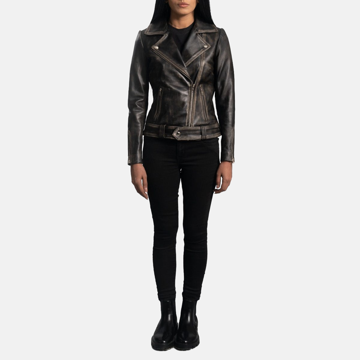 Women's Rumy Distressed Brown Leather Biker Jacket