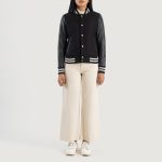 Women's Savant Black Hybrid Varsity Bomber Jacket