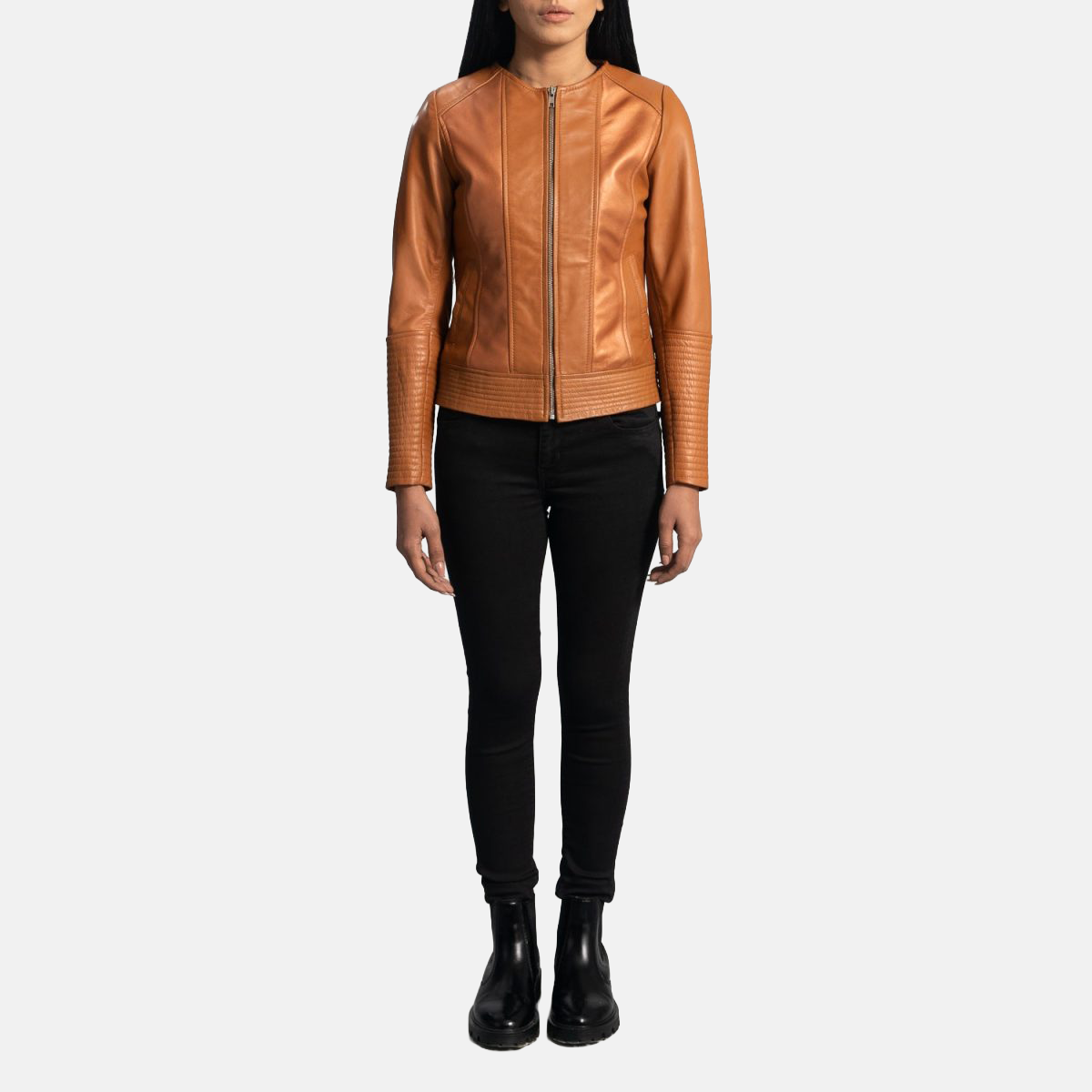 Women's Sleeky Clean Tan Brown Leather Biker Jacket