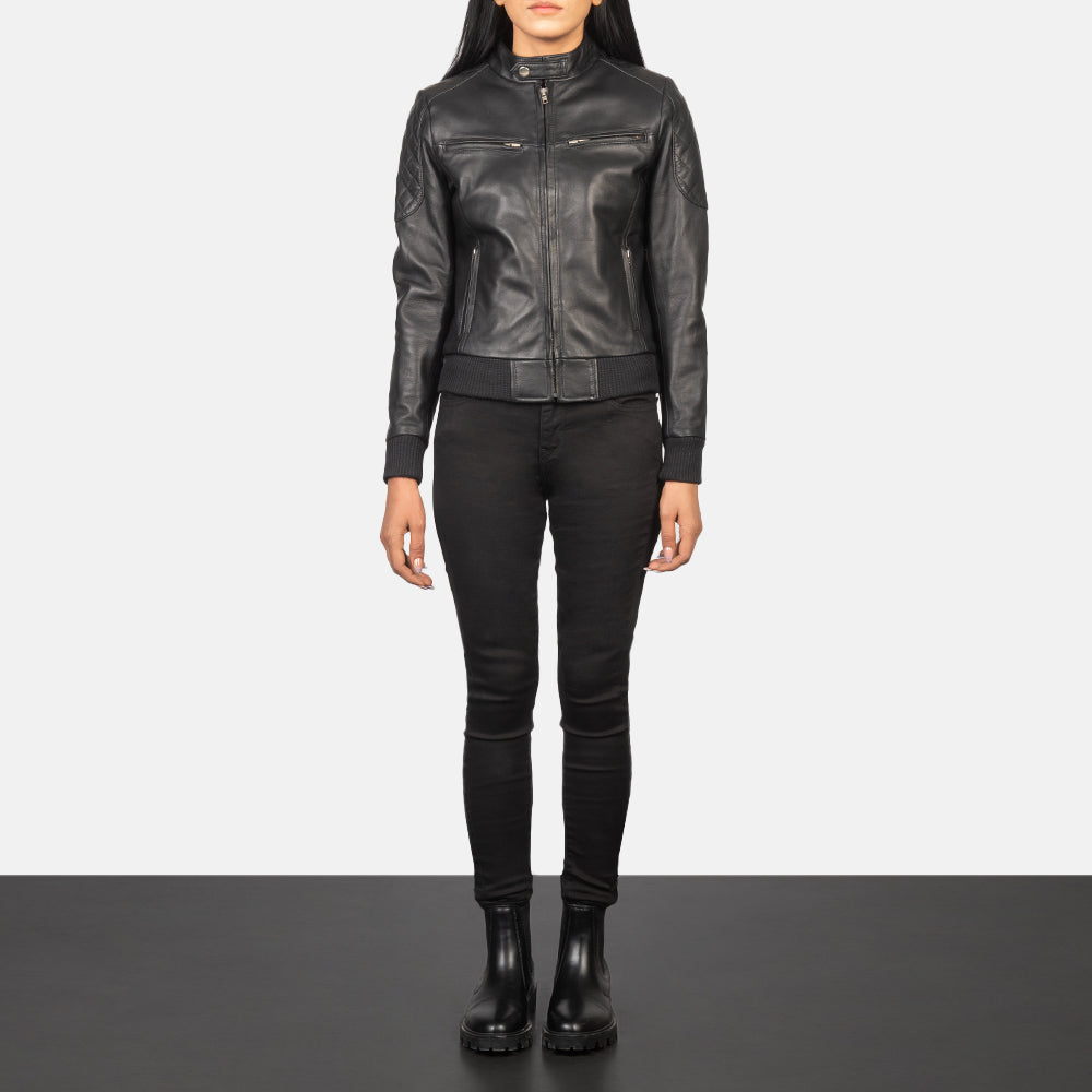 Women's Zenna Black Leather Biker Bomber Jacket