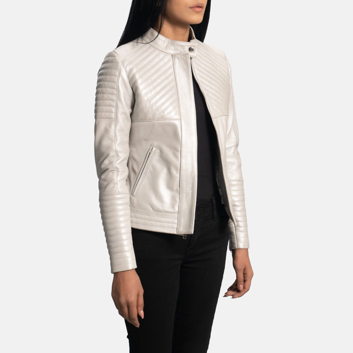Women's Ice Maiden Silver Quilted Leather Biker Jacket