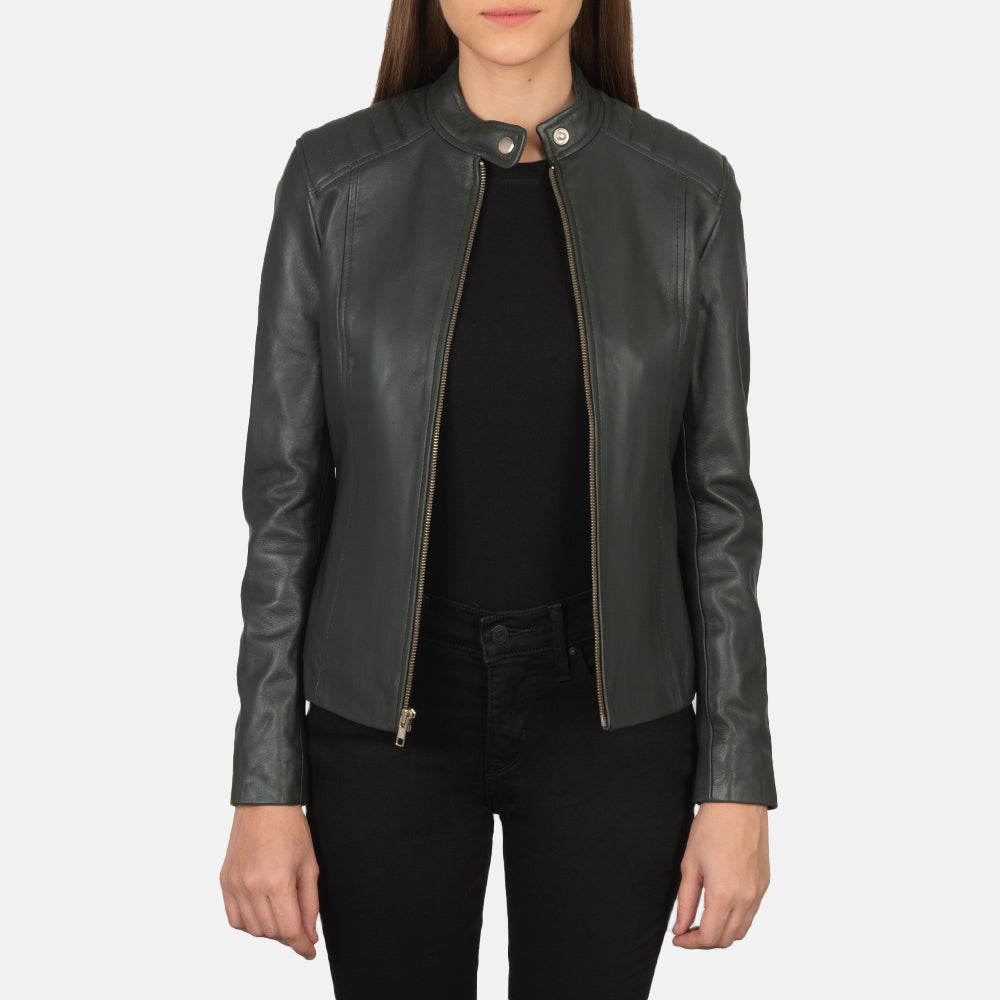 Women's Kelsee Green Leather Biker Jacket