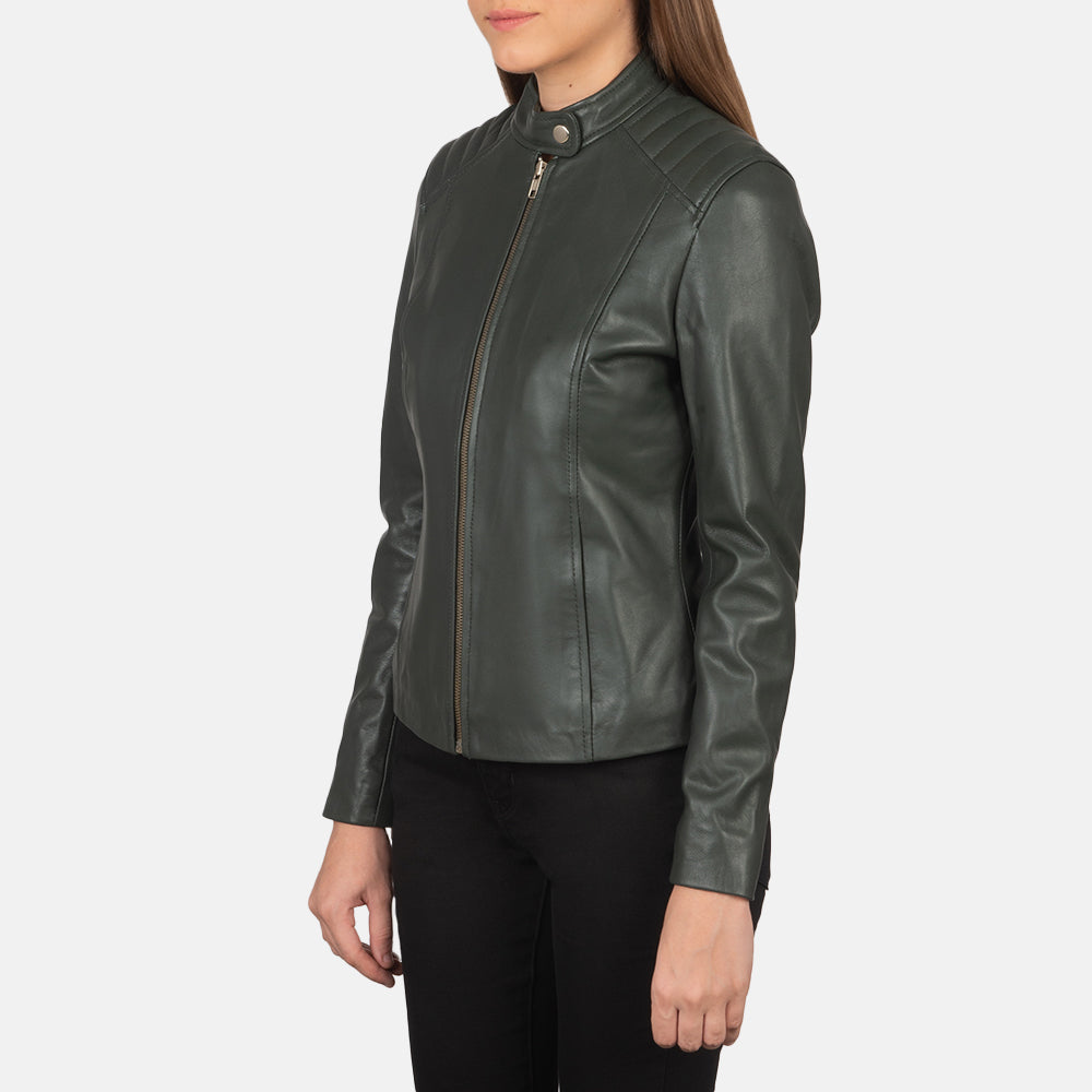 Women's Kelsee Green Leather Biker Jacket